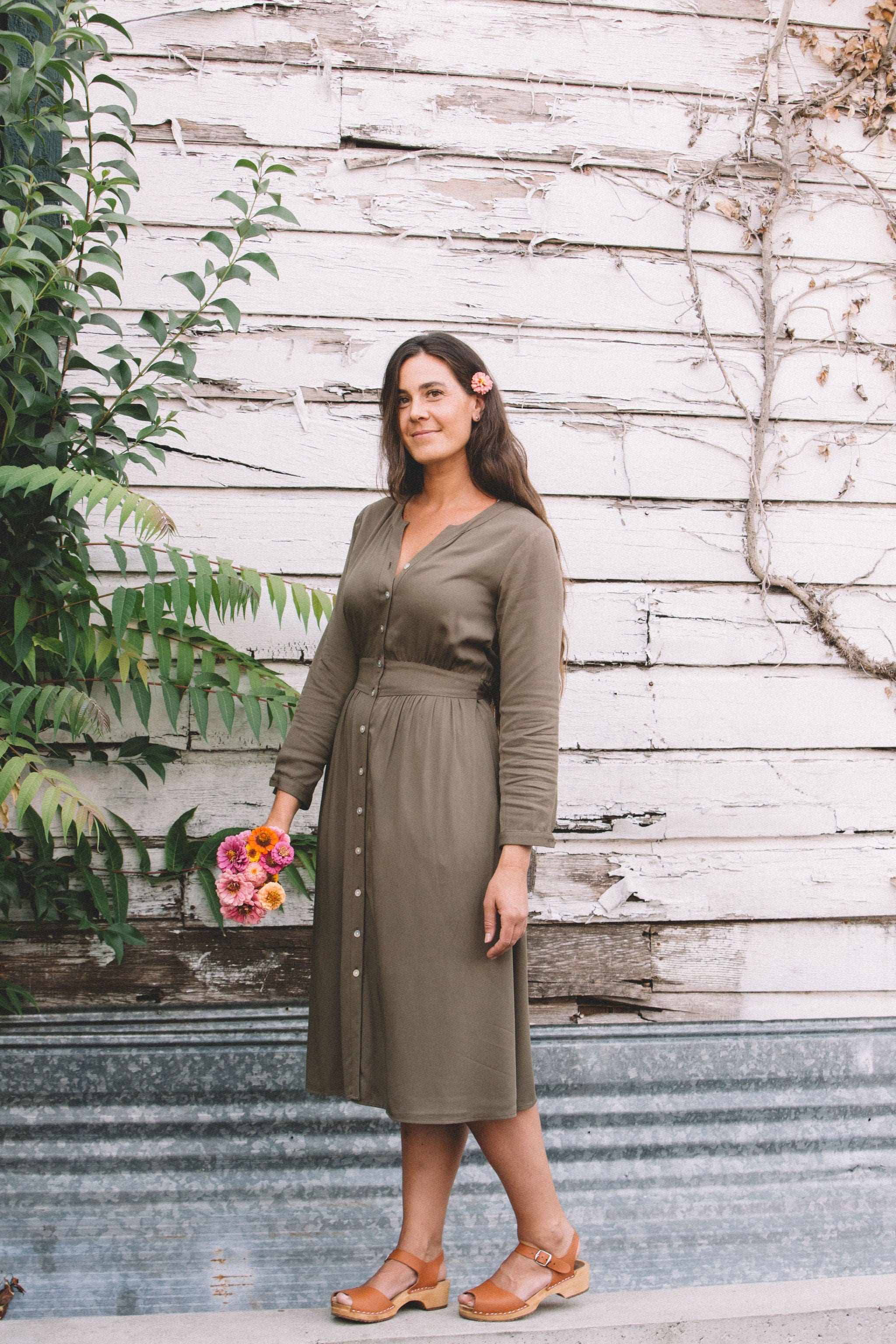 olive fall dress Vera in bohemian__dress Midi shirt dress in Size:US - 0x (10 - 12) Airy woven chiffon shapes