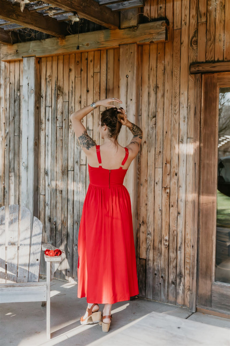 red dress linen Long Agnes dress in Red Linen Field Day