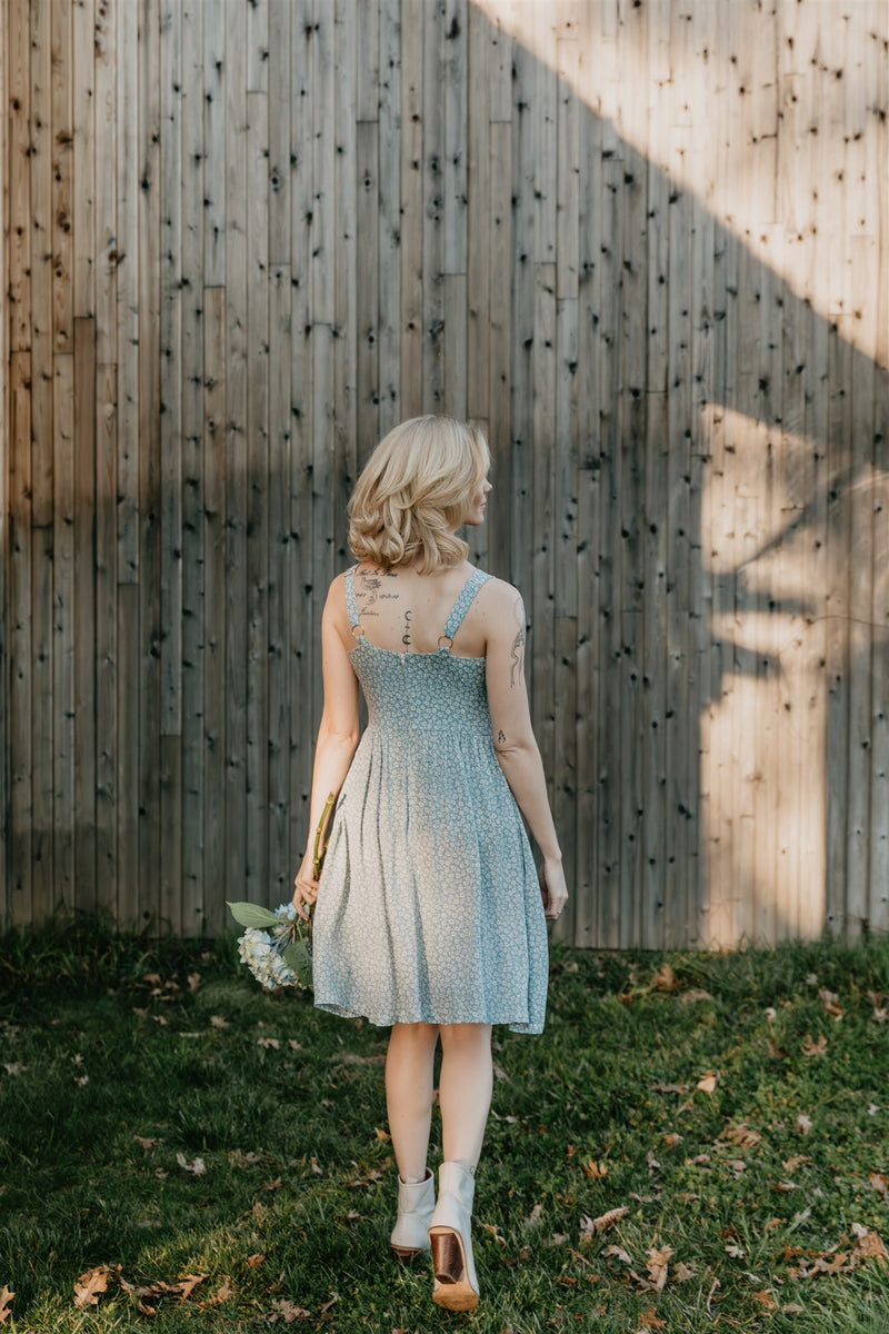 blue calico dress 1980s Powder Blue Calico Print Dress