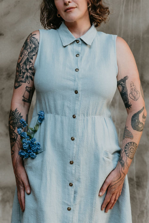 Mona Dress in BB Blue Texture Cotton