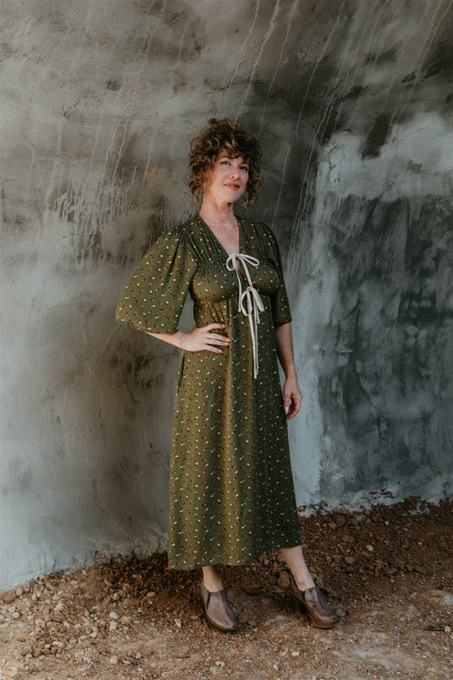 Tyrah Dress in Green Floral Calico Crepe