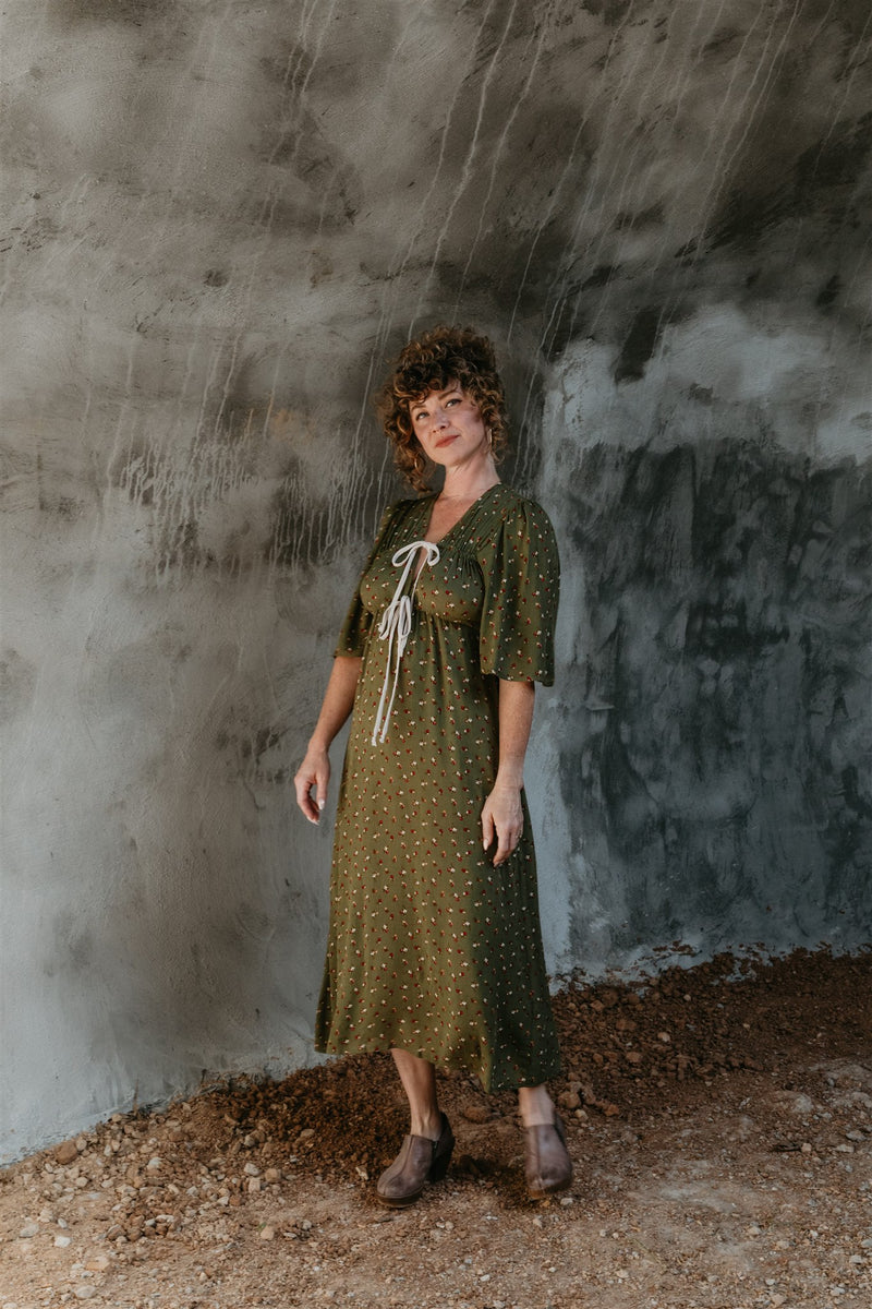 Tyrah Dress in Green Floral Calico Crepe