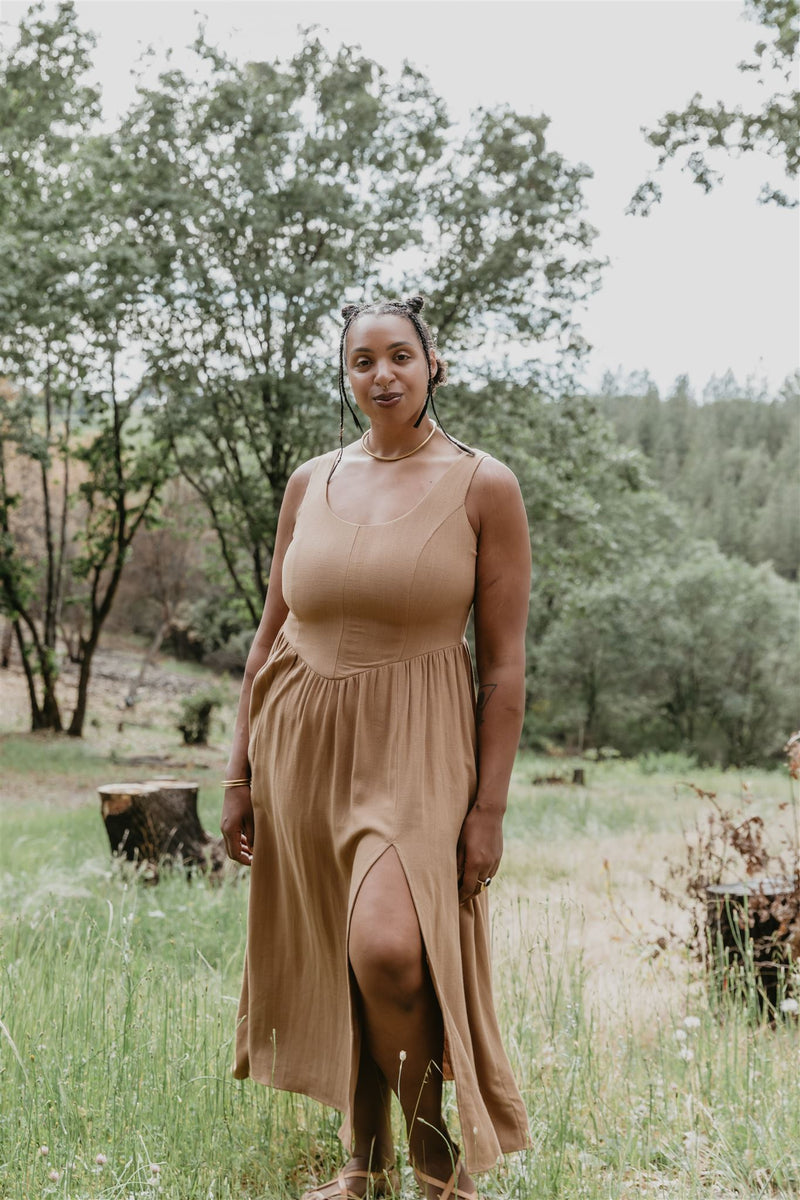irish linen dress Long Agnes in Camel Our dresses are designed Overcoat Chest Size in Inches:-:44 wedding guest dress Festival Clothing Pink satin long prom