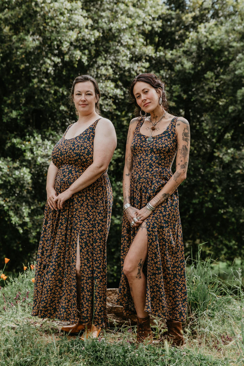 Long Agnes Dress in Blue & Brown Floral Crepe – Field Day