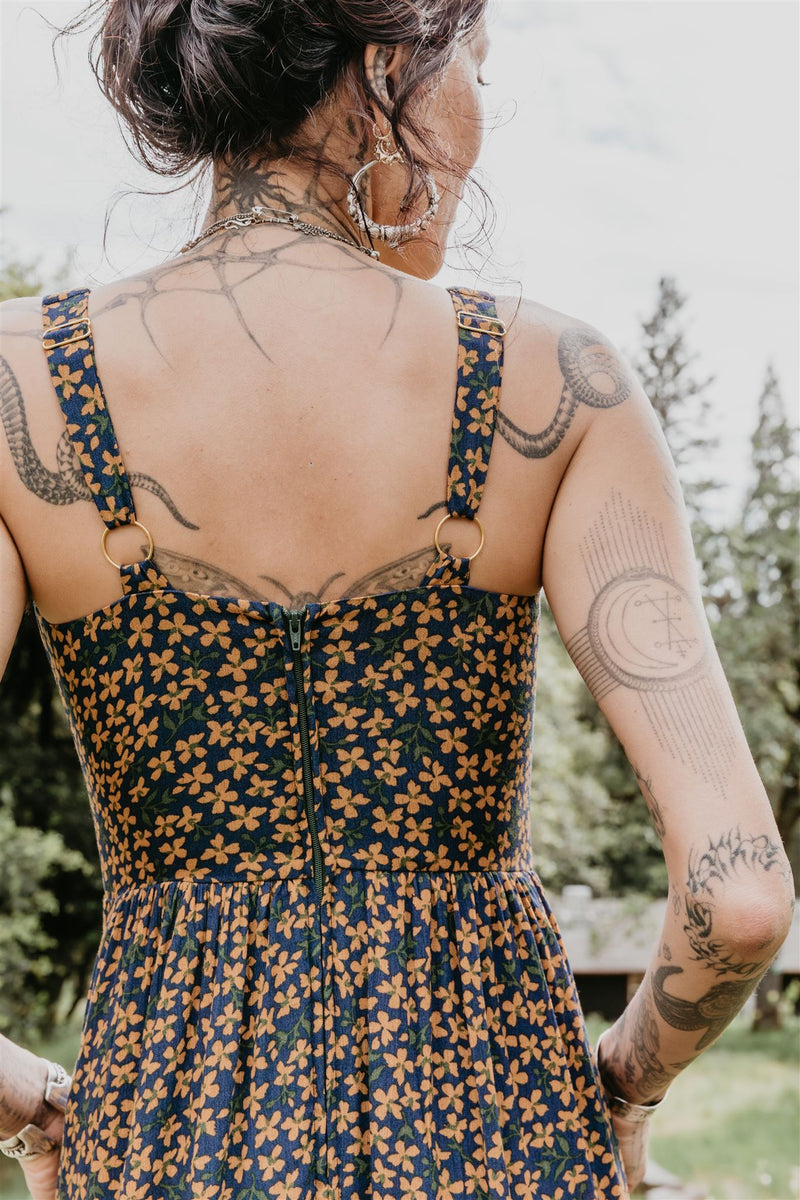 brown and blue floral dress Long Agnes in & Crepe – Field Day Imported.