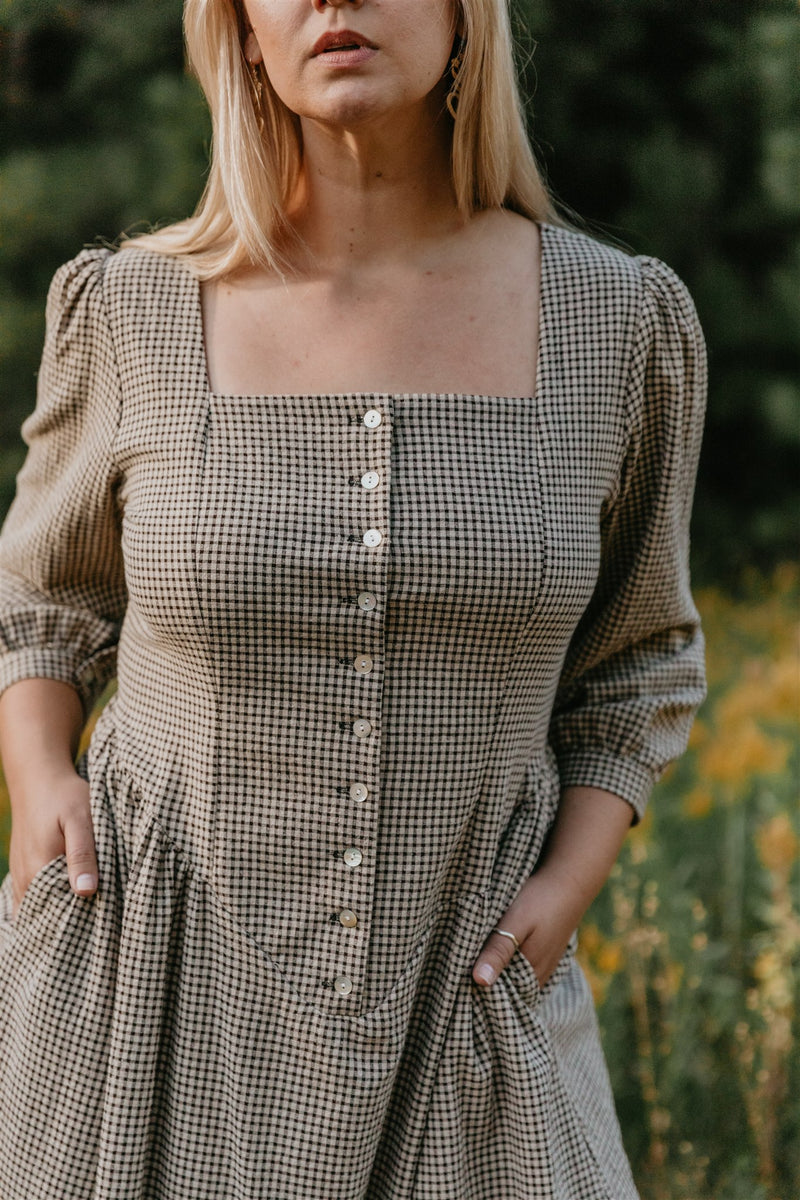 Prairie Dress in Black and Oat Gingham