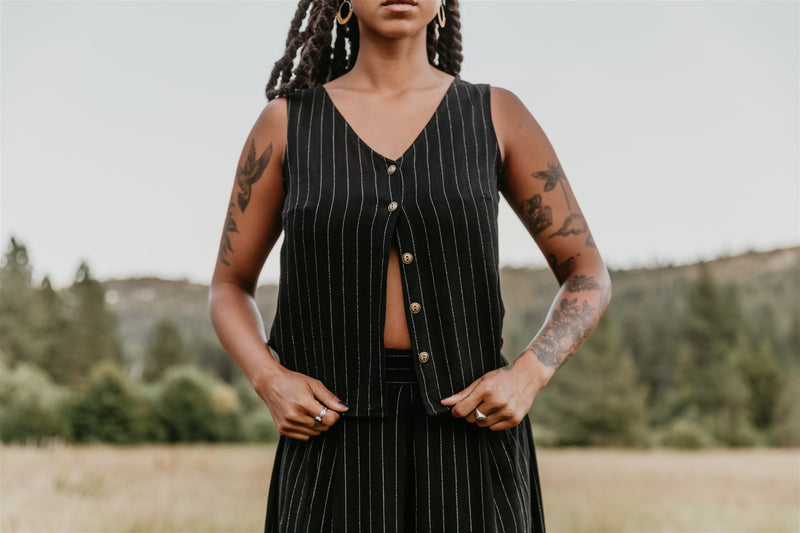 Rue Pants in Black Linen PinStripe