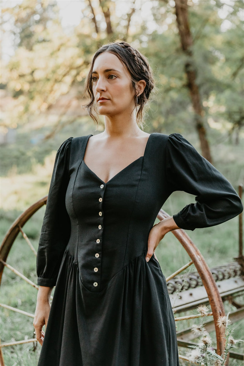Prairie Dress in Black Linen 2X Prairie Dress in Black Linen 2X