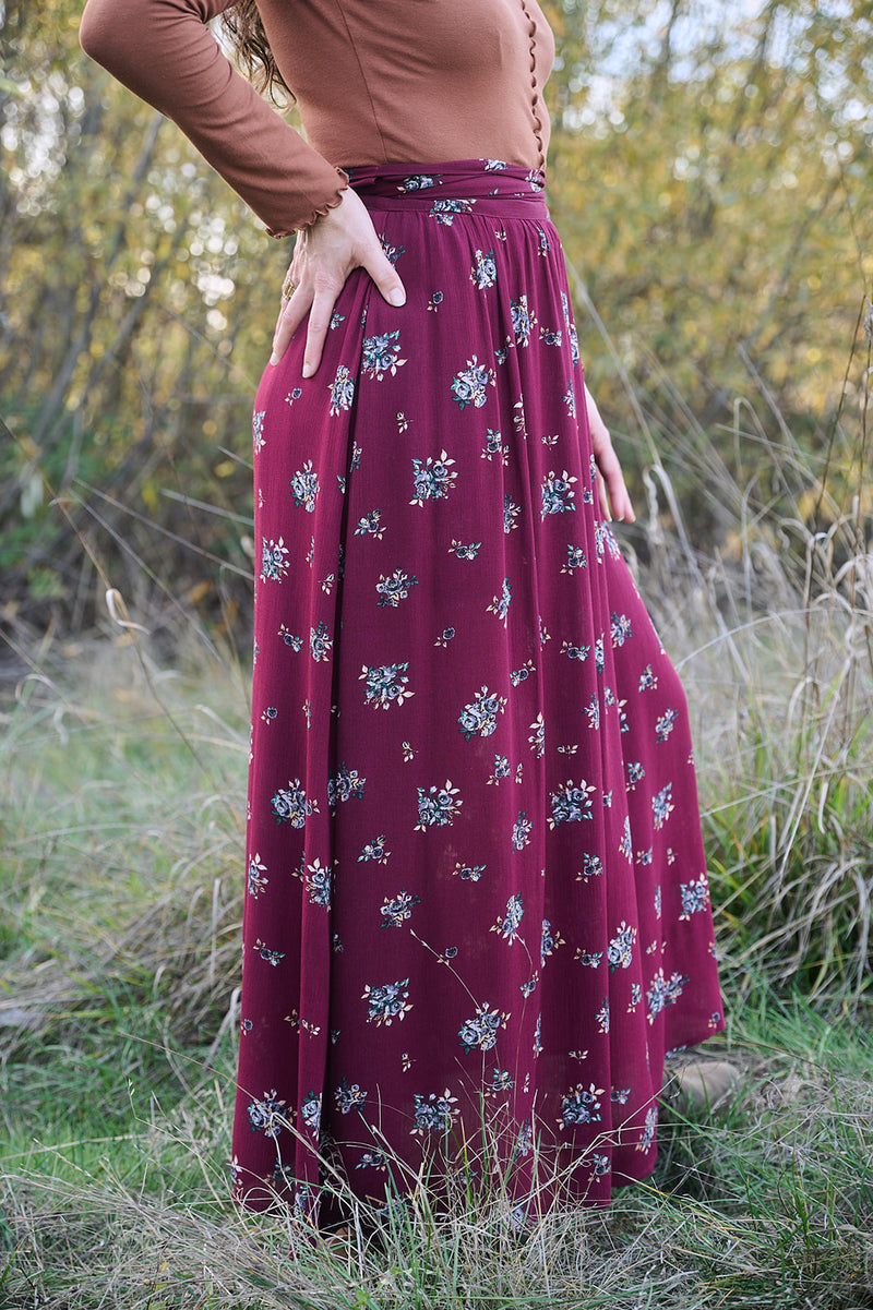 wrap skirts and dresses Maxi Wrap Skirt in Merlot Floral Crepe 3