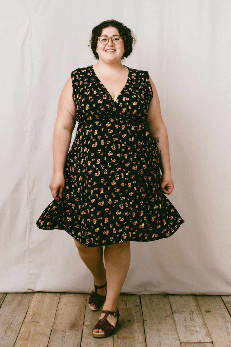 Thea Dress in Black Floral Challis