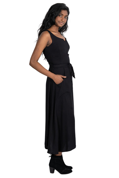 Long Wrap Dress in Black Crepe