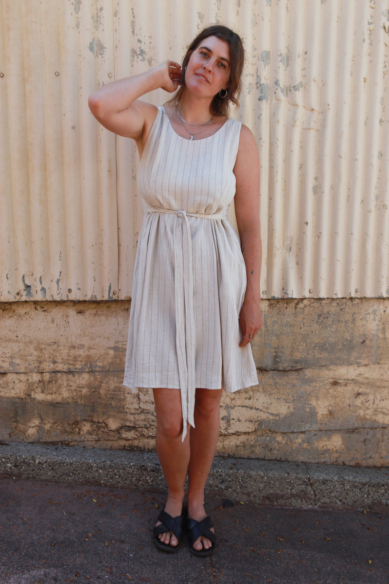 Hannah Dress in Oat Linen Stripe
