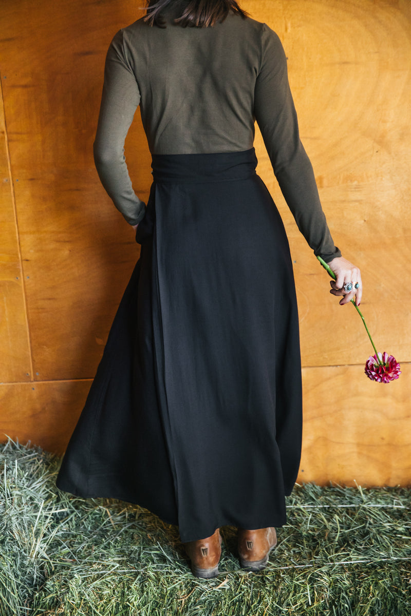 Maxi Wrap Skirt in Black Challis